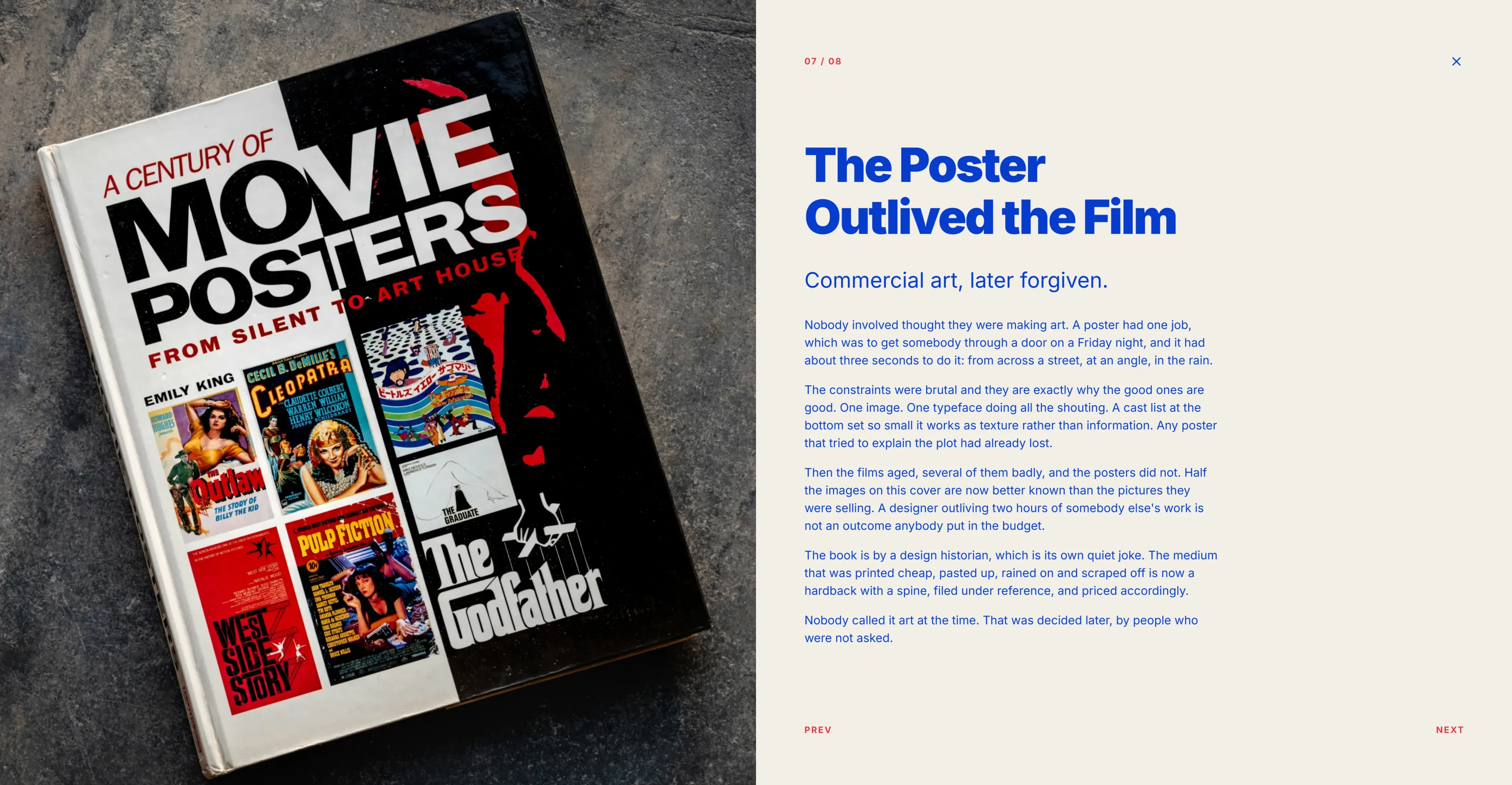 Gatefold — a slide opened in the detail overlay: the photograph on the left, its story on the right