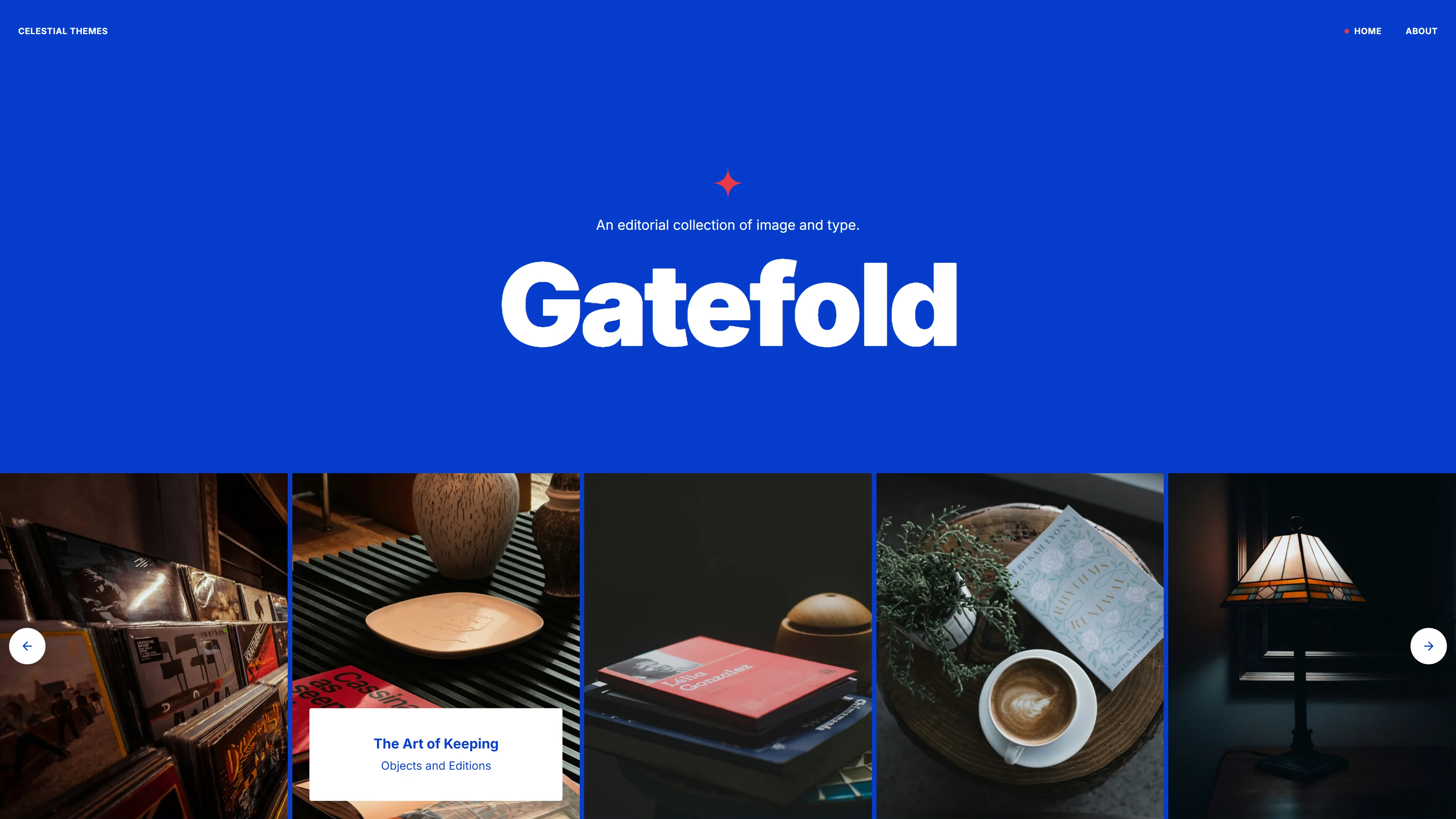 Gatefold — the carousel page: the title over a row of full-bleed photographs
