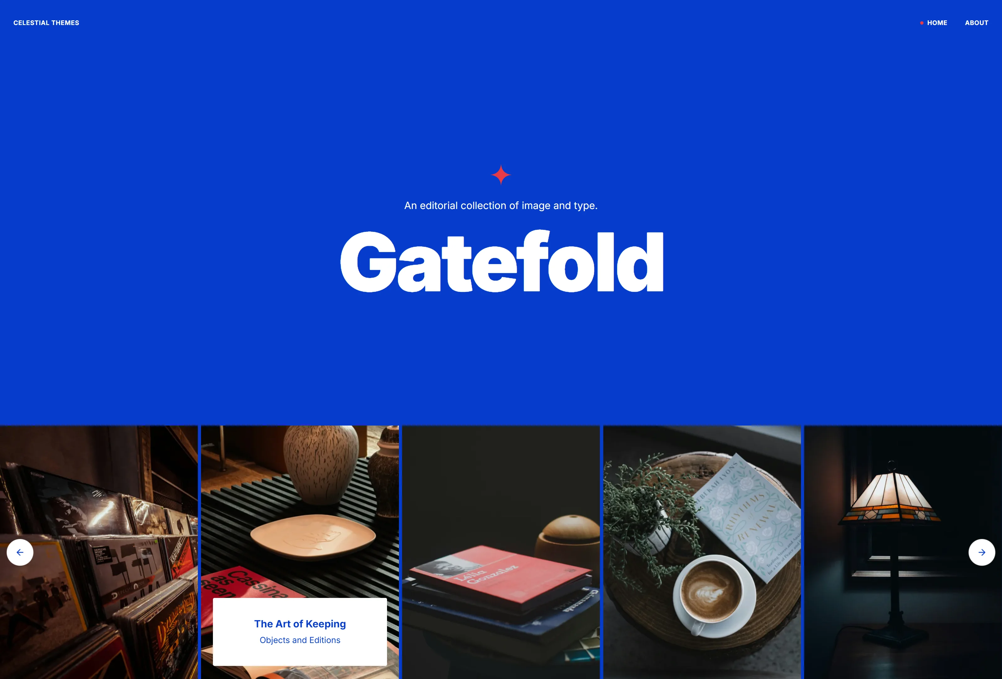 The Gatefold template home page: full-bleed carousel under a large wordmark